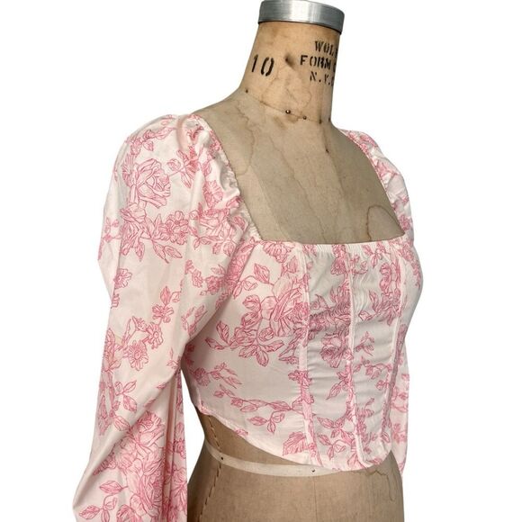 Pink Floral Corset Crop Top with Puff Sleeves Size S - Picture 2 of 4